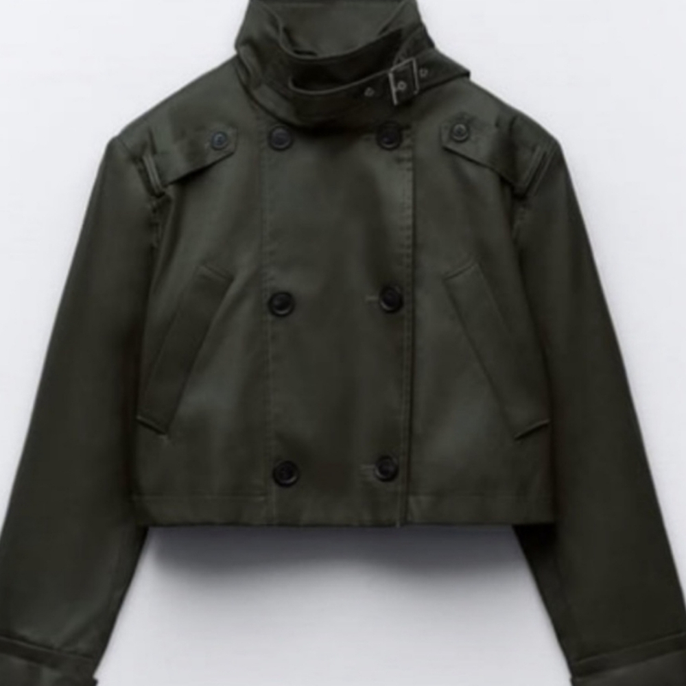 ZARA Funnel Cropped Trench Coat Waxed Jacket Size Small NWT
